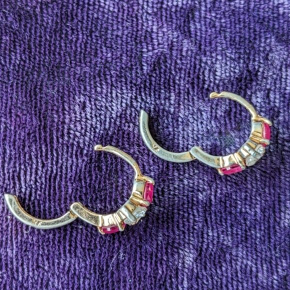 Vintage 9K Gold Plated Huggies Earrings With Deep Pink Ruby Stones - Picture 5 of 10